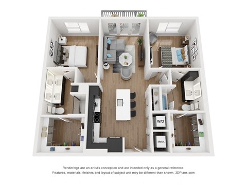 Floor plan for 2 beds, 2 baths, 1085 sqft